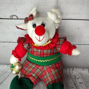17" VINTAGE INTL SILVER CHRISTMAS NYLON WHITE REINDEER STUFFED ANIMAL PLUSH TOY